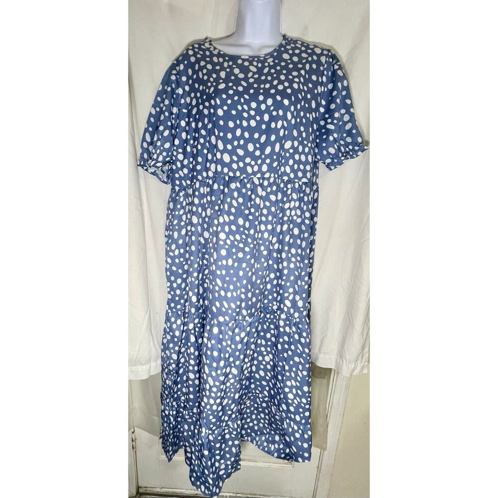 Blue White Polka Dot Tiered Midi Dress Puff Sleeve Boho No Size Tag Fits XL/2XL)